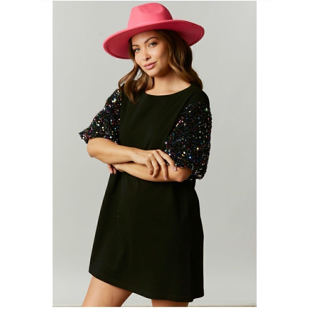 Fantastic Fawn Women’s Pink Velour Sequin Balloon Sleeve Shirt Mini Dress